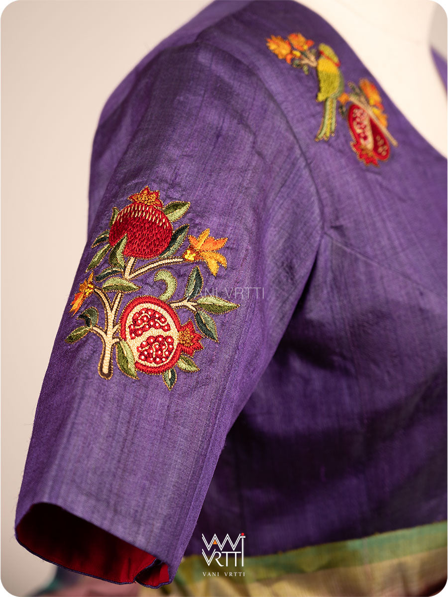 Reddish Purple Parijat Flowers And Nightingale Bird Hand Embroidery Tussar Silk Blouse
