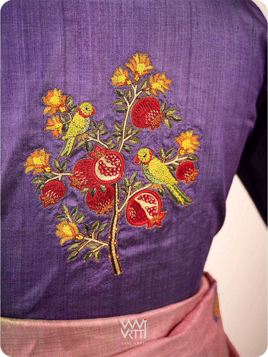Deep Purple Pomegranate And Parrot Hand Embroidery Tussar Silk Blouse