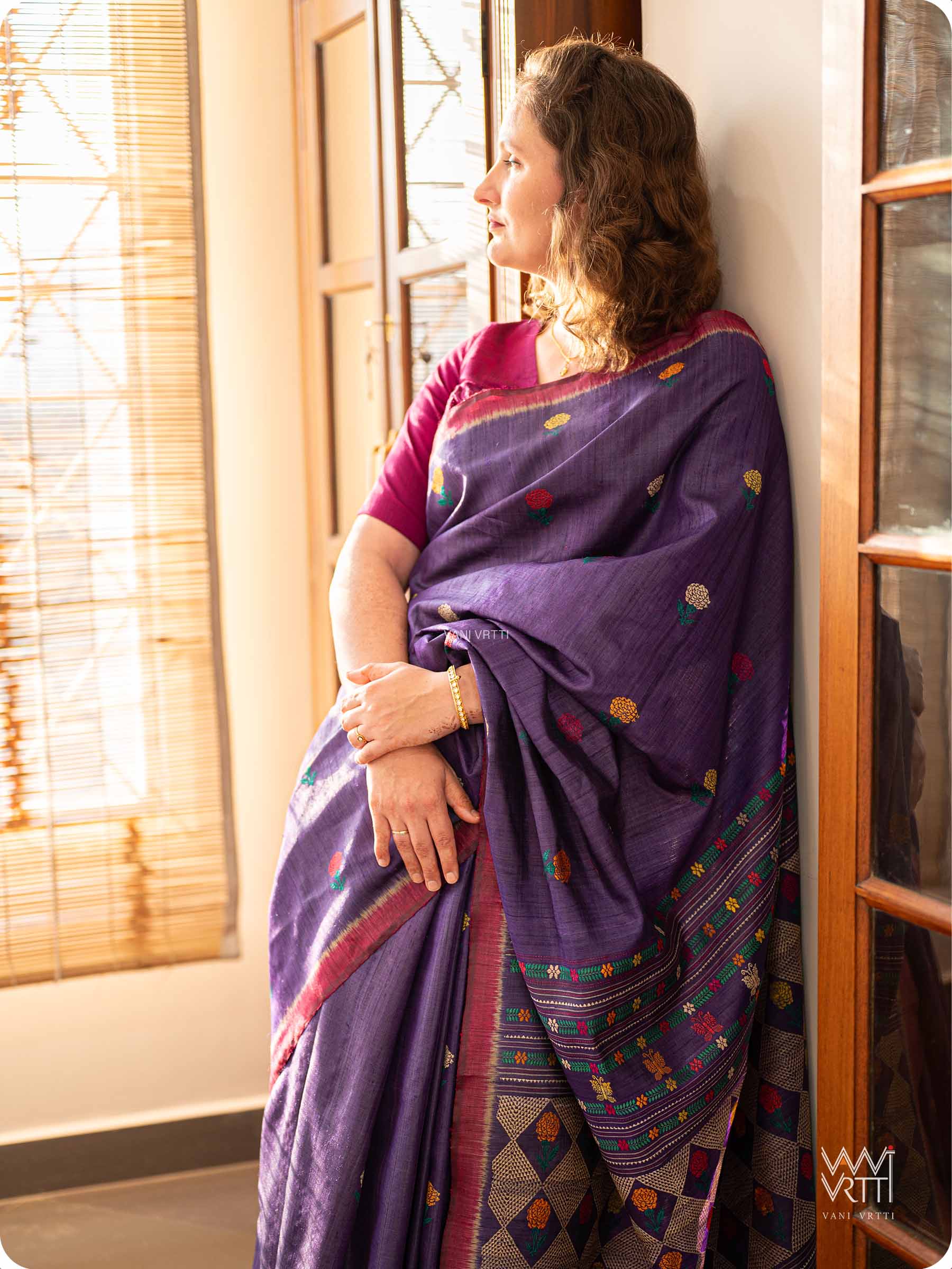 Purple Marigold Wild Garden Master Weave Exclusive Handspun Tussar Silk Saree