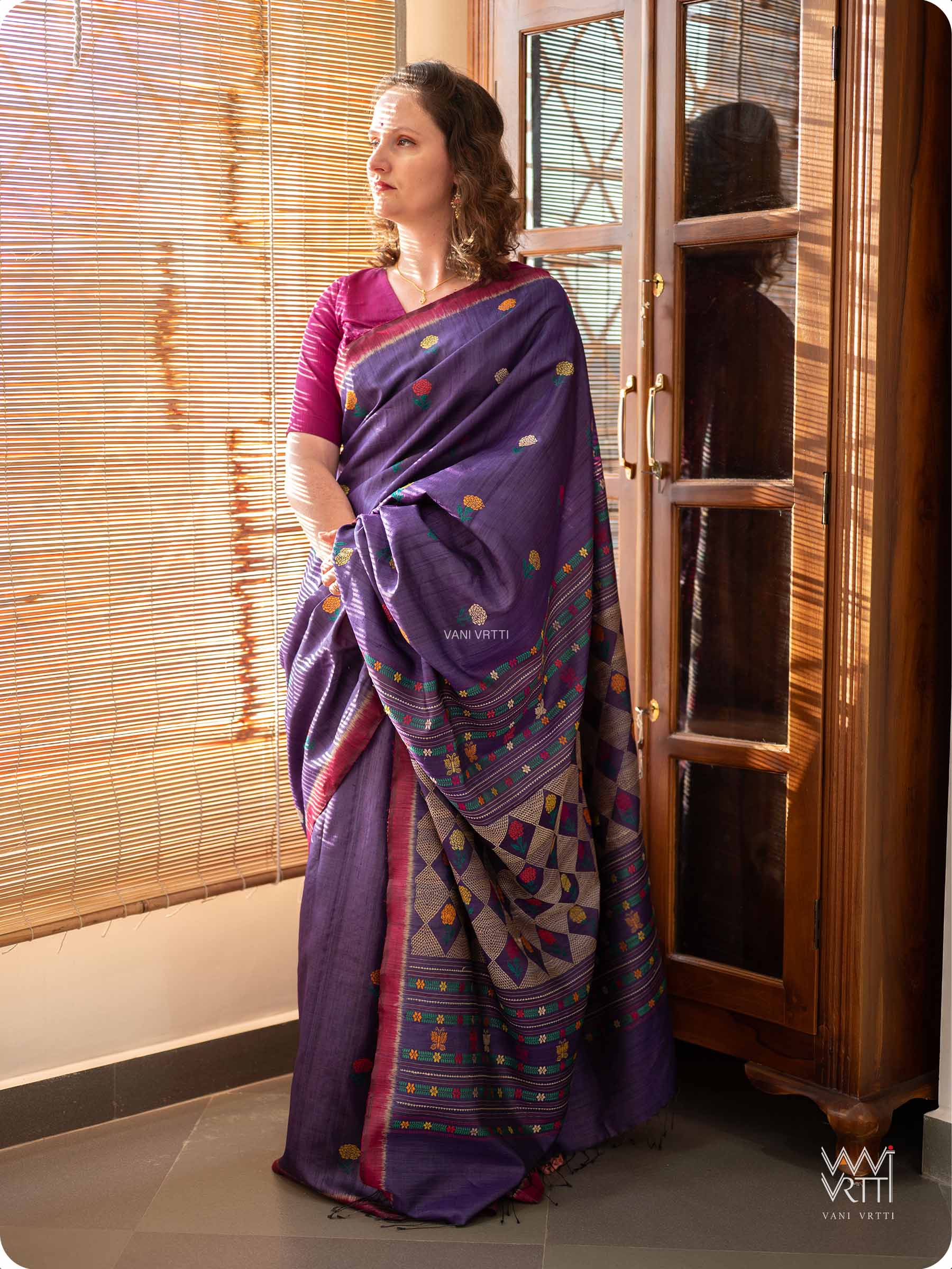 Purple Marigold Wild Garden Master Weave Exclusive Handspun Tussar Silk Saree