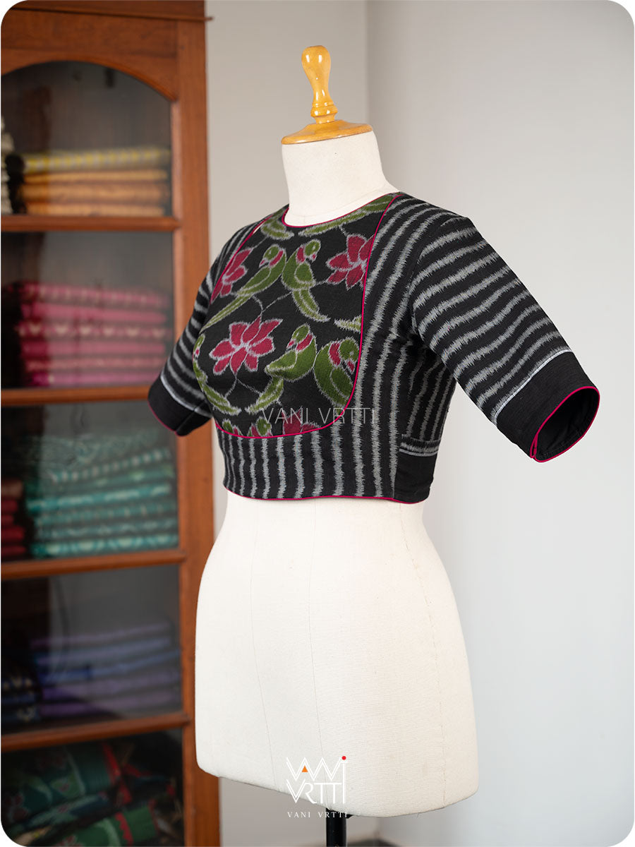 Black Lotus Parrot Parallel Deep Curved Yoke Cotton Ikat Blouse