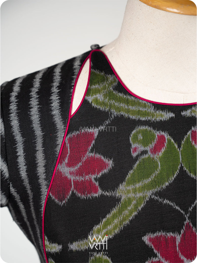 Black Lotus Parrot Parallel Deep Curved Yoke Cotton Ikat Blouse