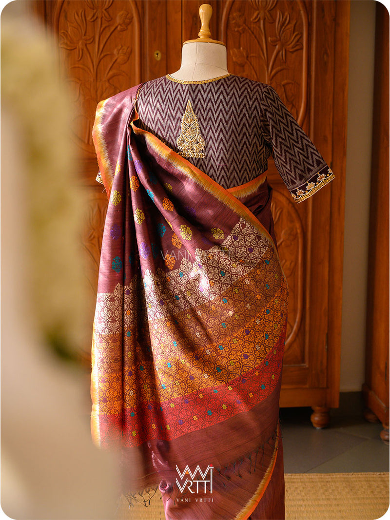 Deep Coffee Mustard Parijat Handspun Tussar Silk Saree