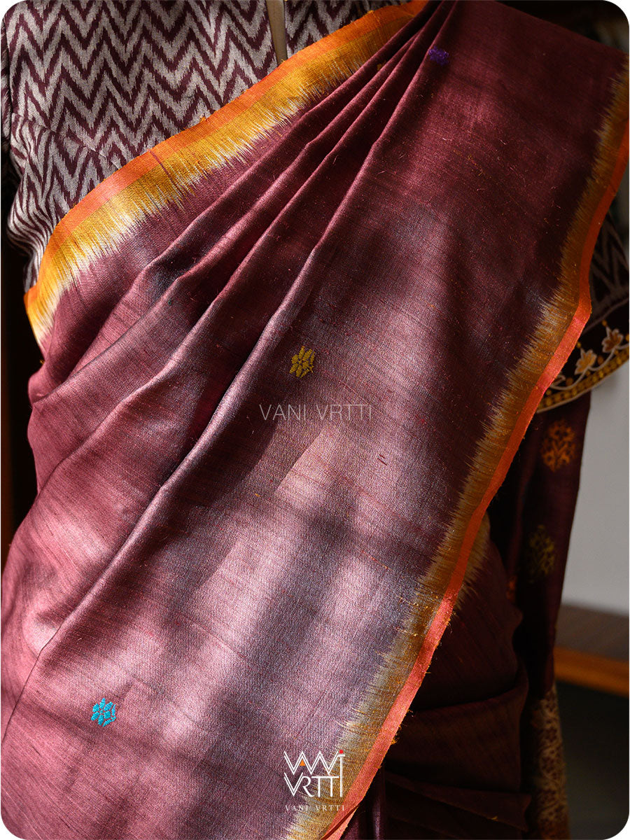 Deep Coffee Mustard Parijat Handspun Tussar Silk Saree