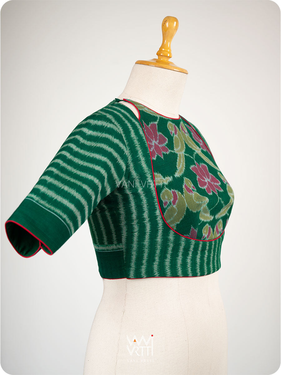 Bottle Green Lotus Parrot Parallel Deep Curved Yoke Cotton Ikat Blouse