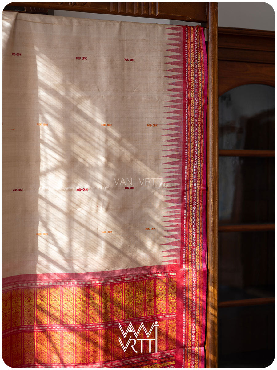 Off White Red Orange Ananta Handspun Tussar Silk Saree