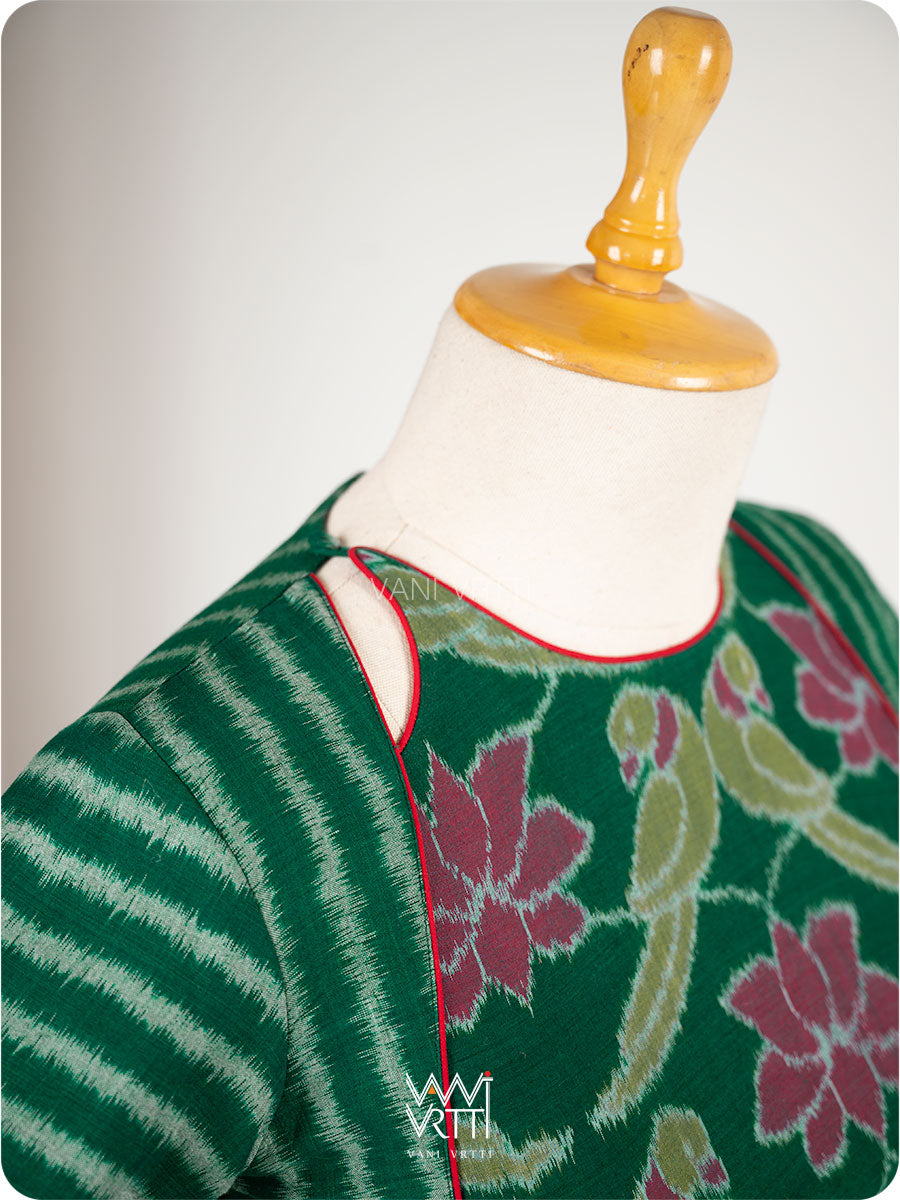 Bottle Green Lotus Parrot Parallel Deep Curved Yoke Cotton Ikat Blouse