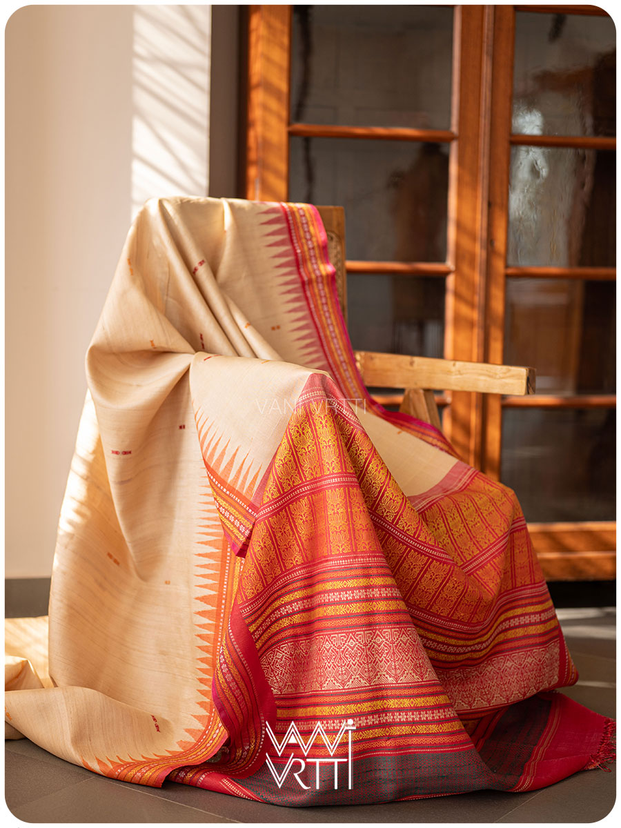 Off White Red Orange Ananta Handspun Tussar Silk Saree