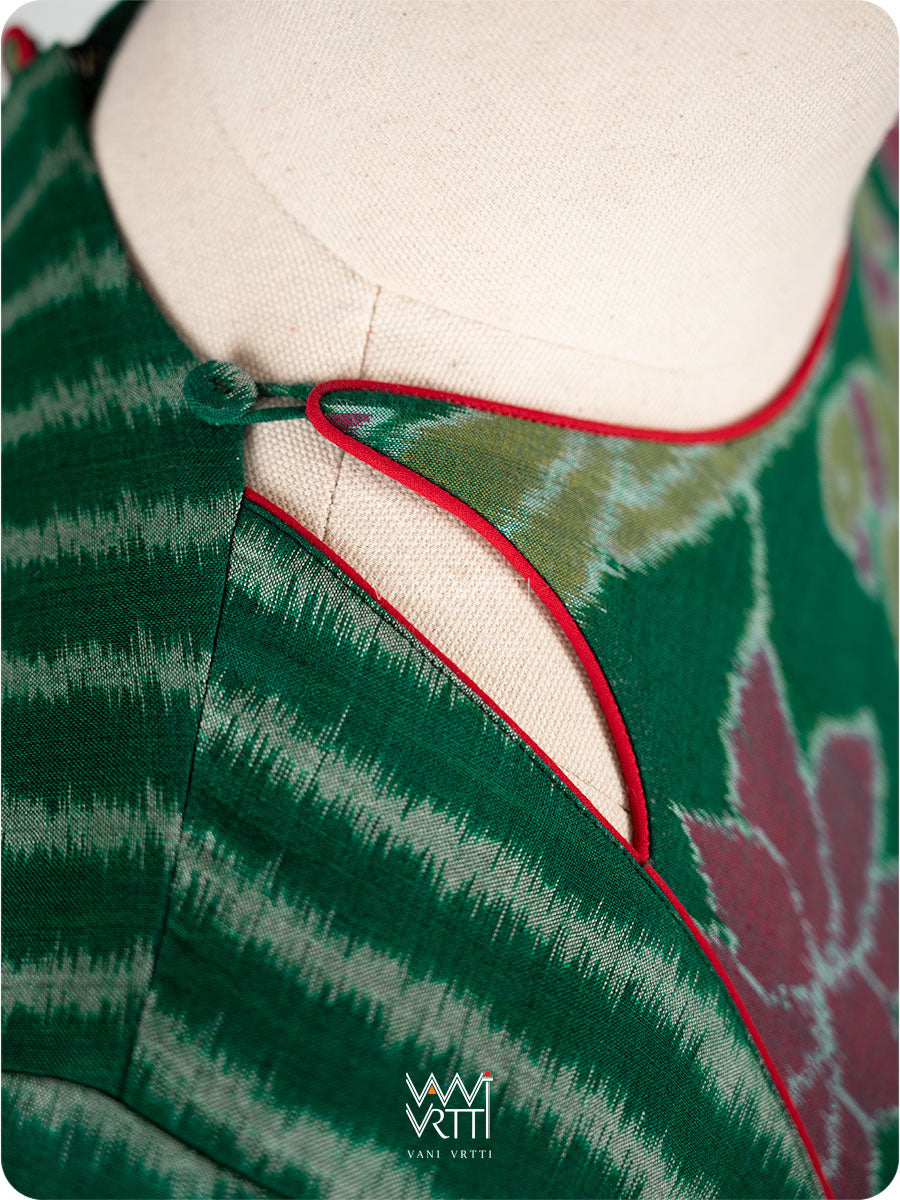 Bottle Green Lotus Parrot Parallel Deep Curved Yoke Cotton Ikat Blouse