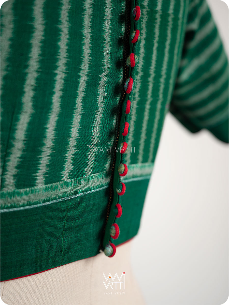 Bottle Green Lotus Parrot Parallel Deep Curved Yoke Cotton Ikat Blouse