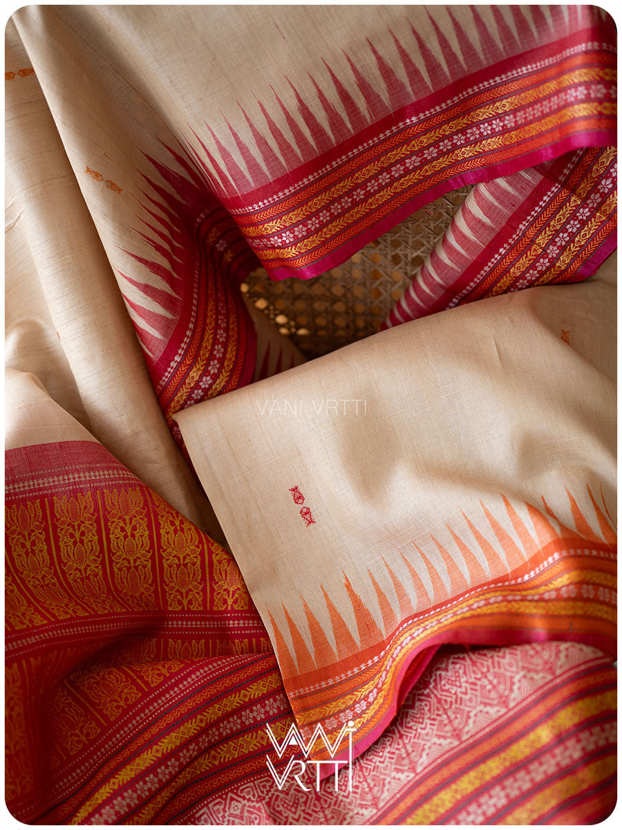 Off White Red Orange Ananta Handspun Tussar Silk Saree