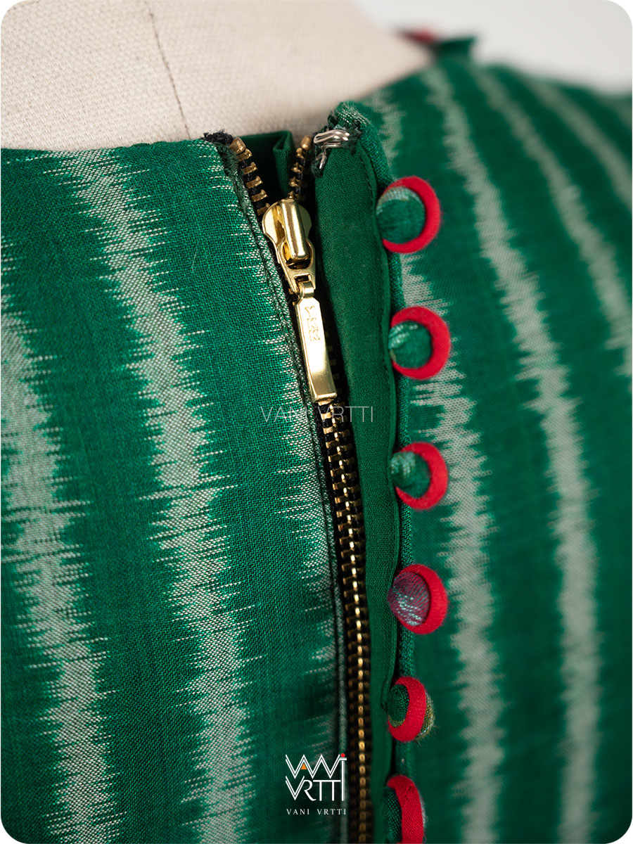 Bottle Green Lotus Parrot Parallel Deep Curved Yoke Cotton Ikat Blouse