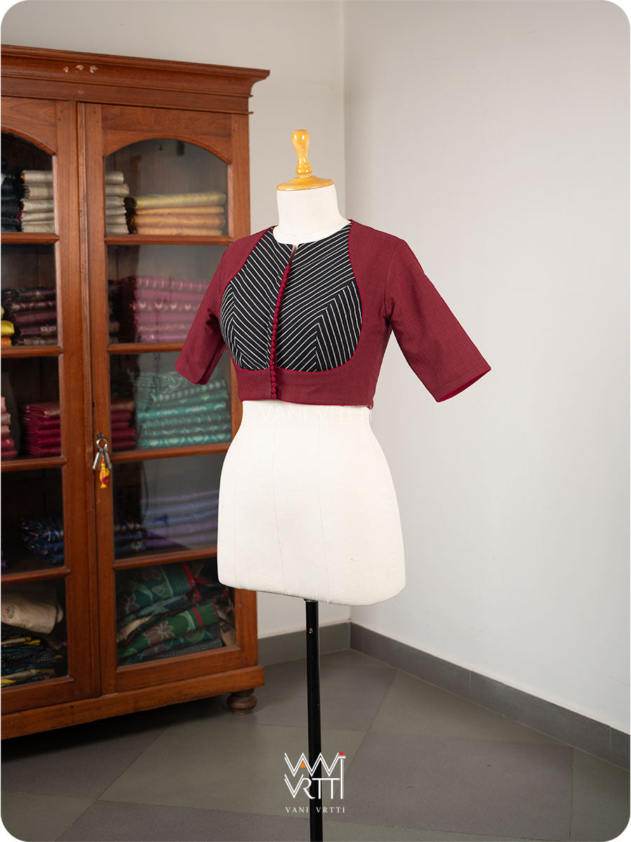 Madder Red Black Stripes Pot Yoke Kotpad Blouse