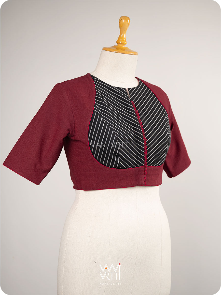 Madder Red Black Stripes Pot Yoke Kotpad Blouse