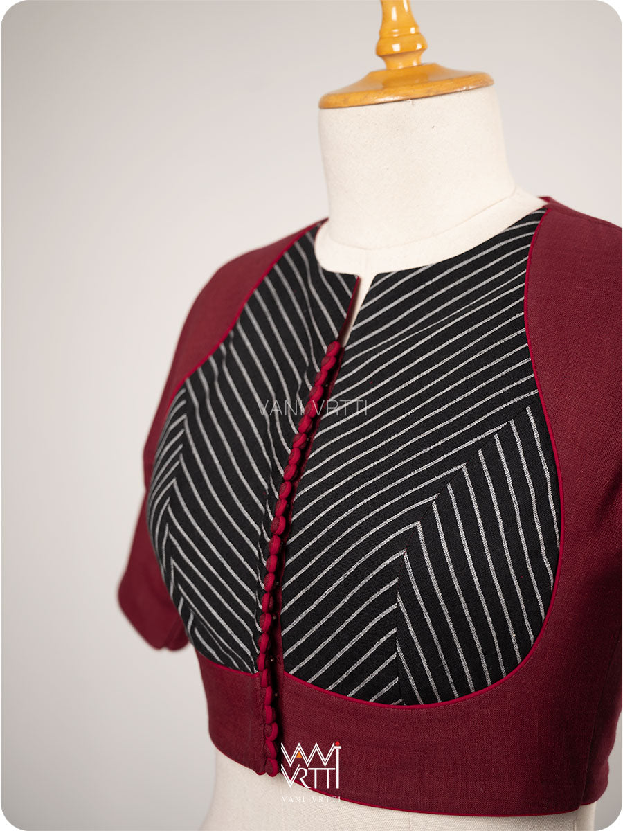 Madder Red Black Stripes Pot Yoke Kotpad Blouse
