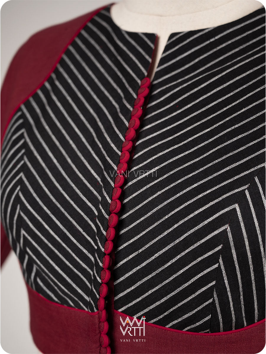Madder Red Black Stripes Pot Yoke Kotpad Blouse