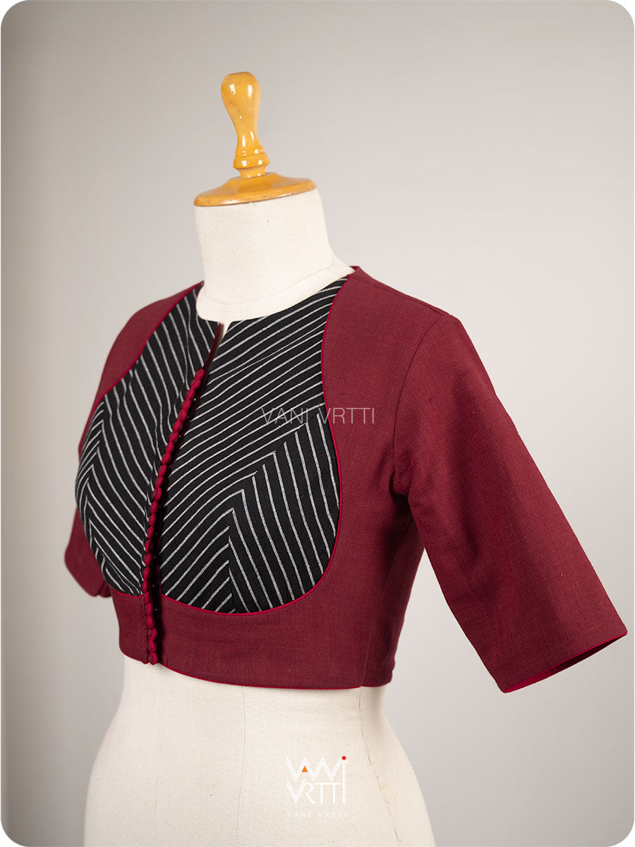 Madder Red Black Stripes Pot Yoke Kotpad Blouse