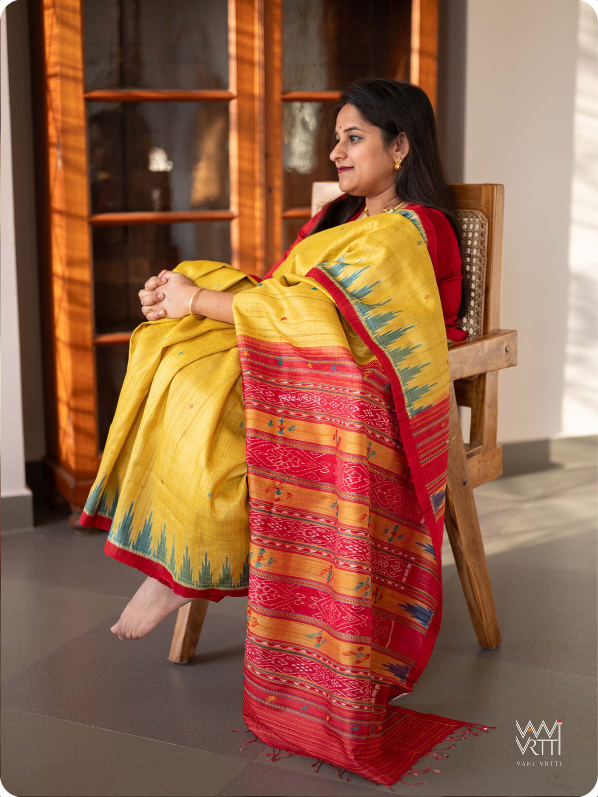 Banana Yellow Turquoise Nadi Handspun Tussar Silk Saree