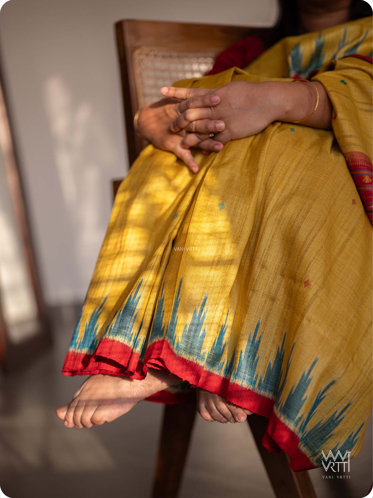 Banana Yellow Turquoise Nadi Handspun Tussar Silk Saree