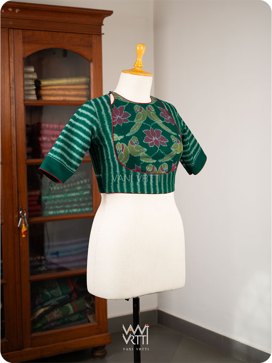 Bottle Green Lotus Parrot Parallel Deep Curved Yoke Cotton Ikat Blouse