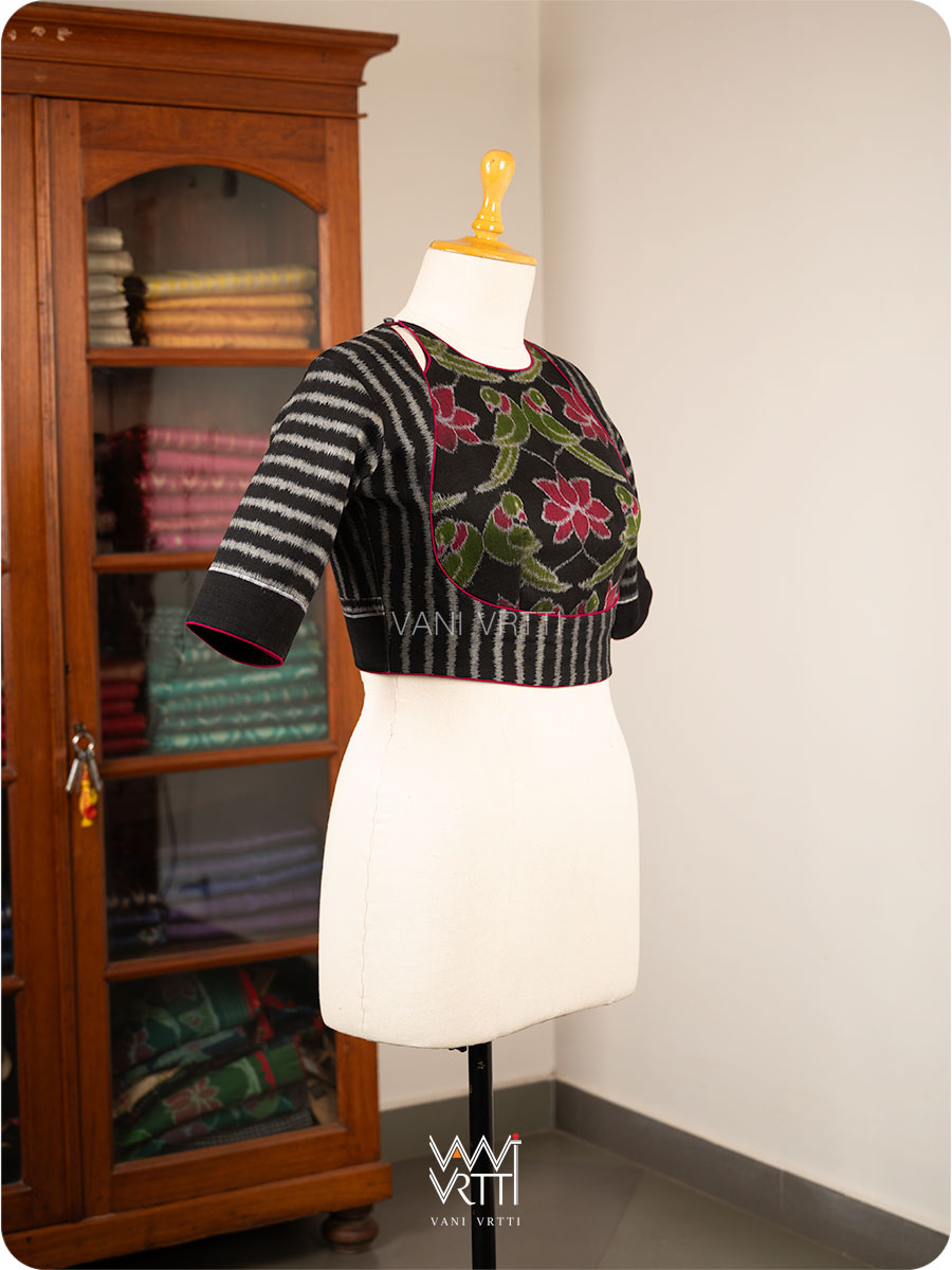 Black Lotus Parrot Parallel Deep Curved Yoke Cotton Ikat Blouse