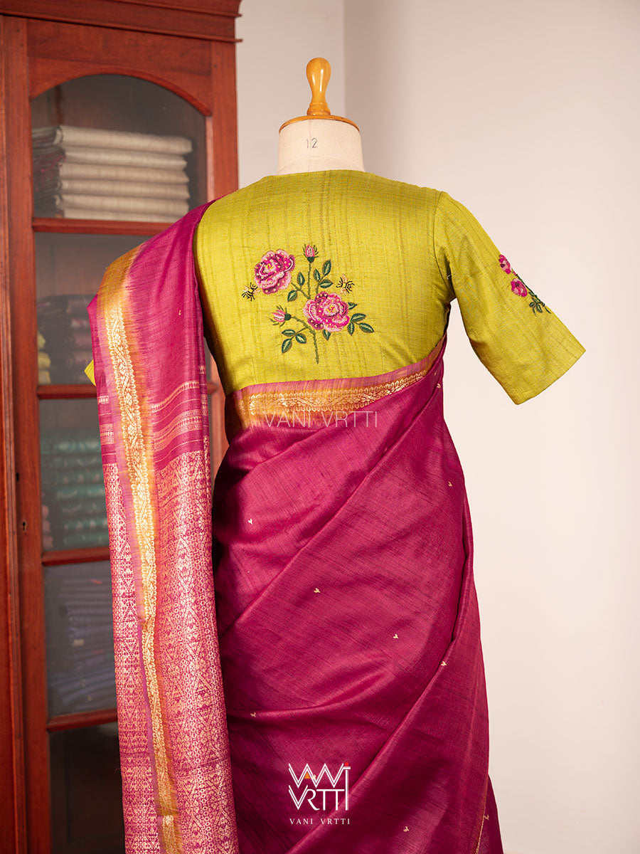 Banana Leaf Green Rose Flower And Bees Embroidery Tussar Silk Blouse