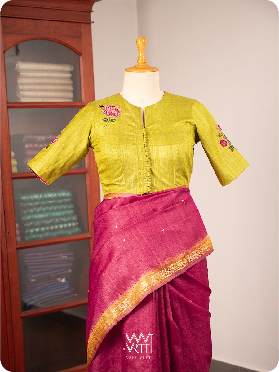 Banana Leaf Green Rose Flower And Bees Embroidery Tussar Silk Blouse