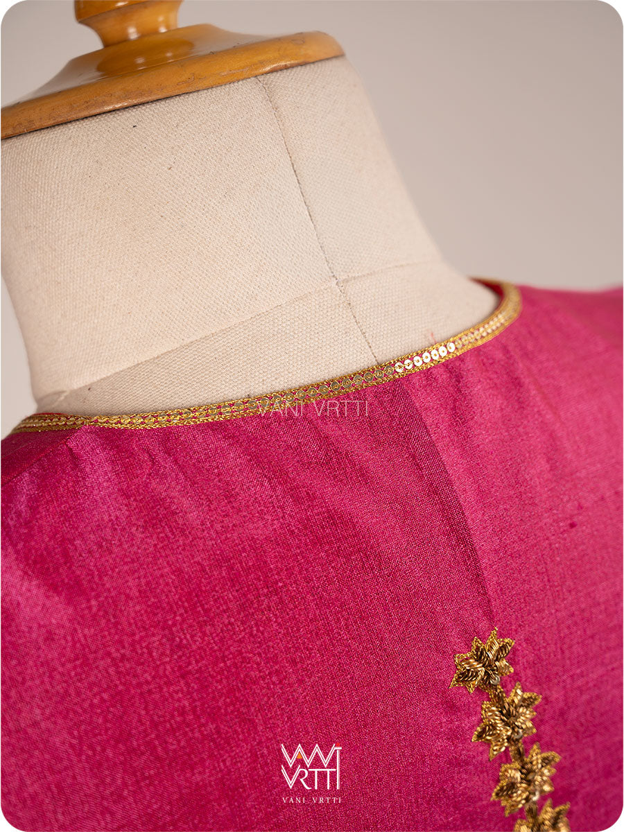 Pink Ashwagandha Flower Plant Zardozi Tussar Silk Blouse