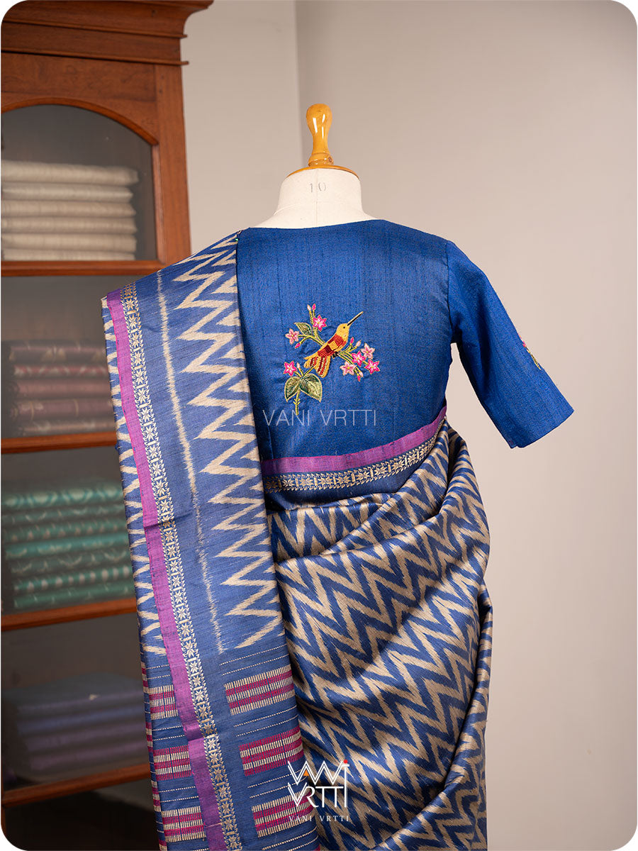 Royal Blue Madhumalati Flower And Humming Bird Hand Embroidery Tussar Silk Blouse
