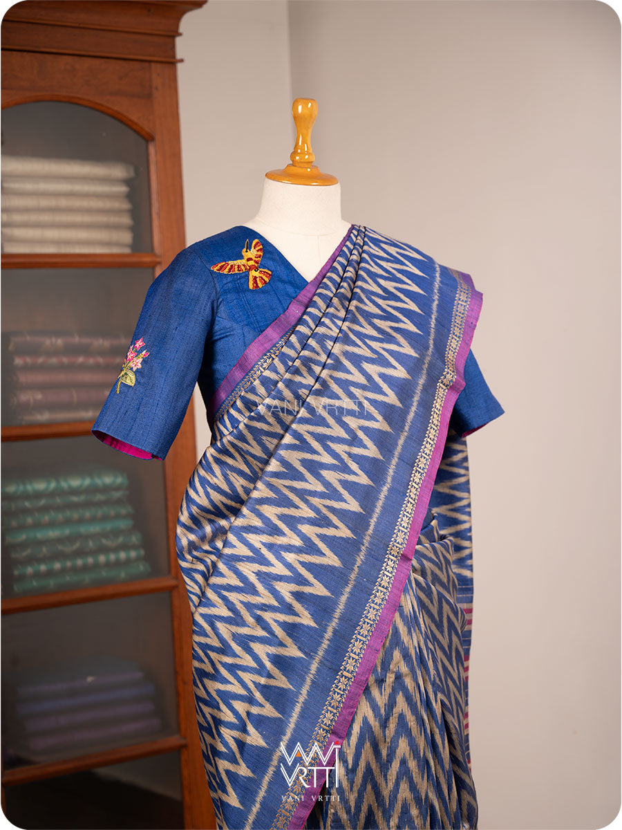 Royal Blue Madhumalati Flower And Humming Bird Hand Embroidery Tussar Silk Blouse