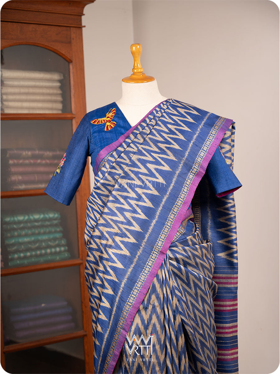 Royal Blue Madhumalati Flower And Humming Bird Hand Embroidery Tussar Silk Blouse