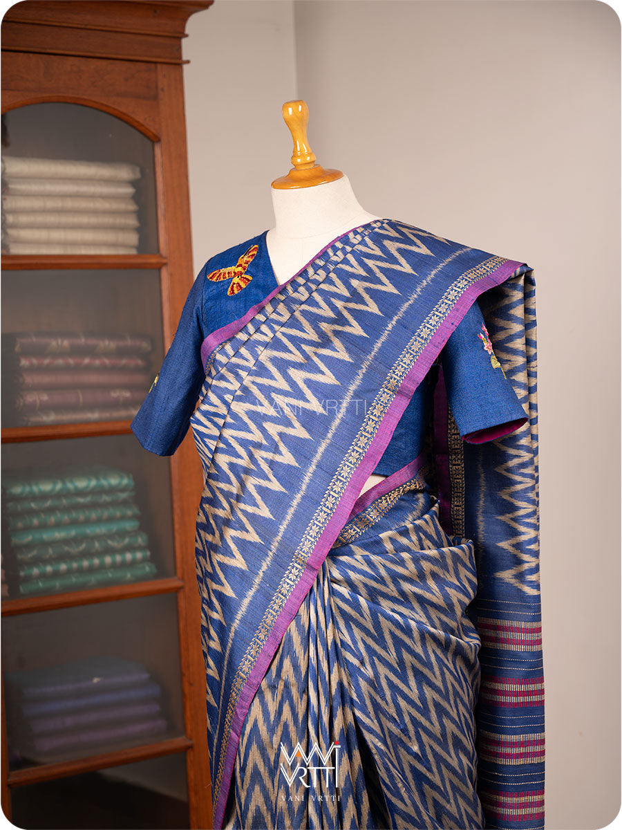 Royal Blue Madhumalati Flower And Humming Bird Hand Embroidery Tussar Silk Blouse