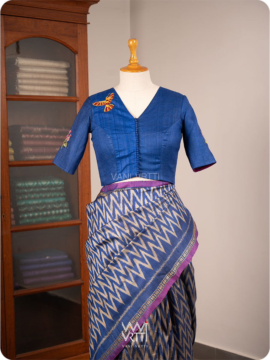 Royal Blue Madhumalati Flower And Humming Bird Hand Embroidery Tussar Silk Blouse
