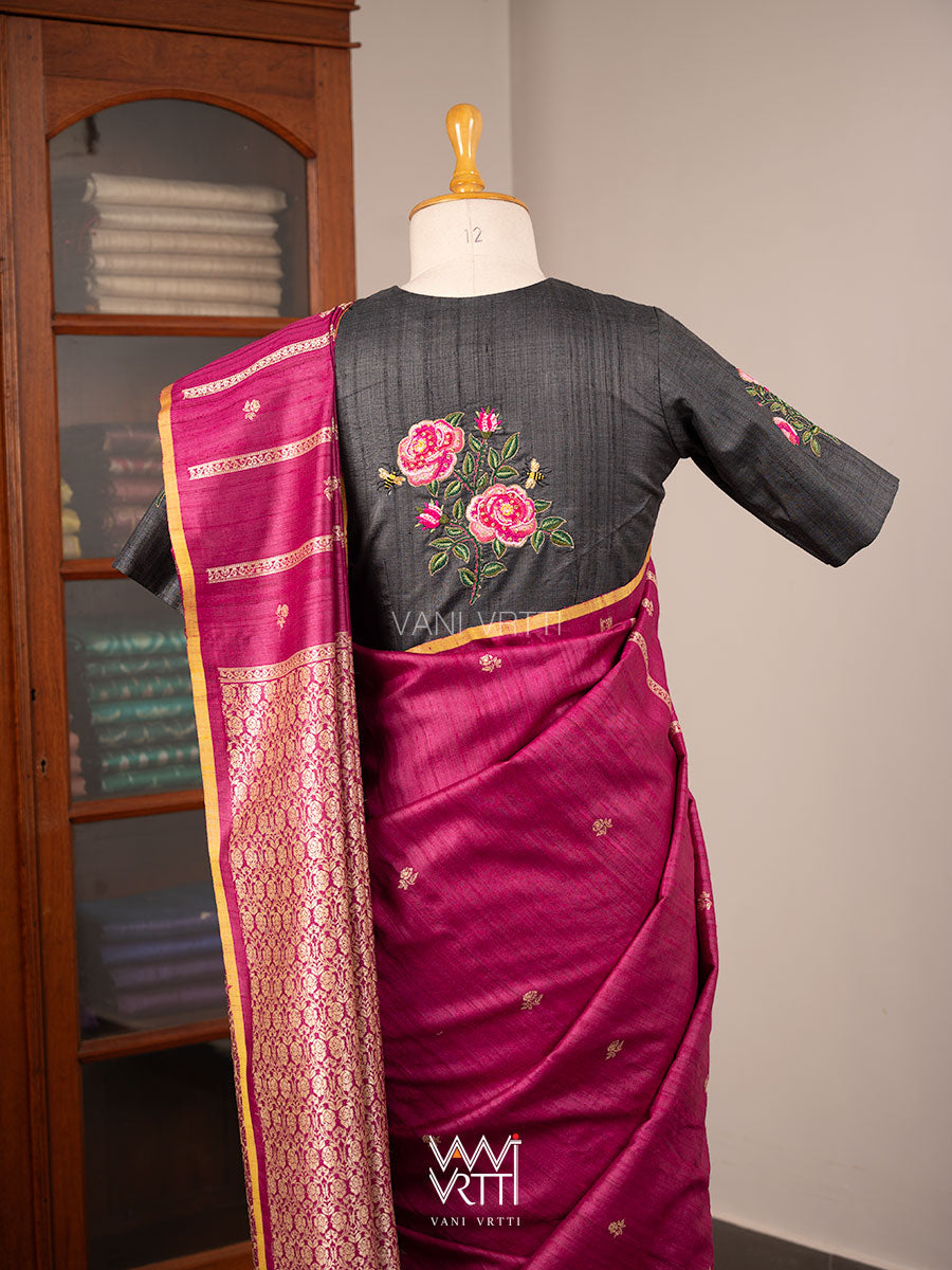Black Rose Flower And Bees Embroidery Tussar Silk Blouse