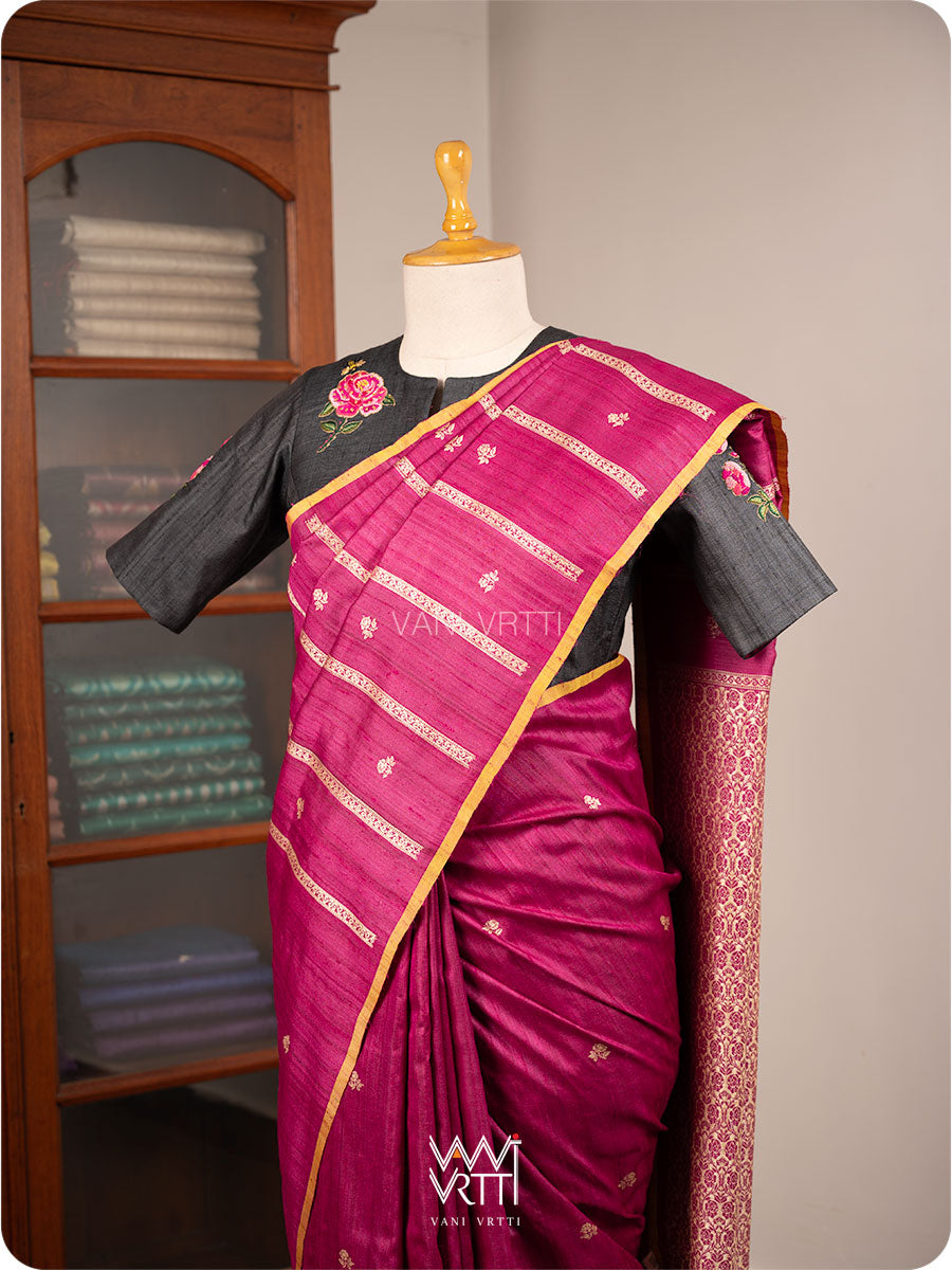 Black Rose Flower And Bees Embroidery Tussar Silk Blouse