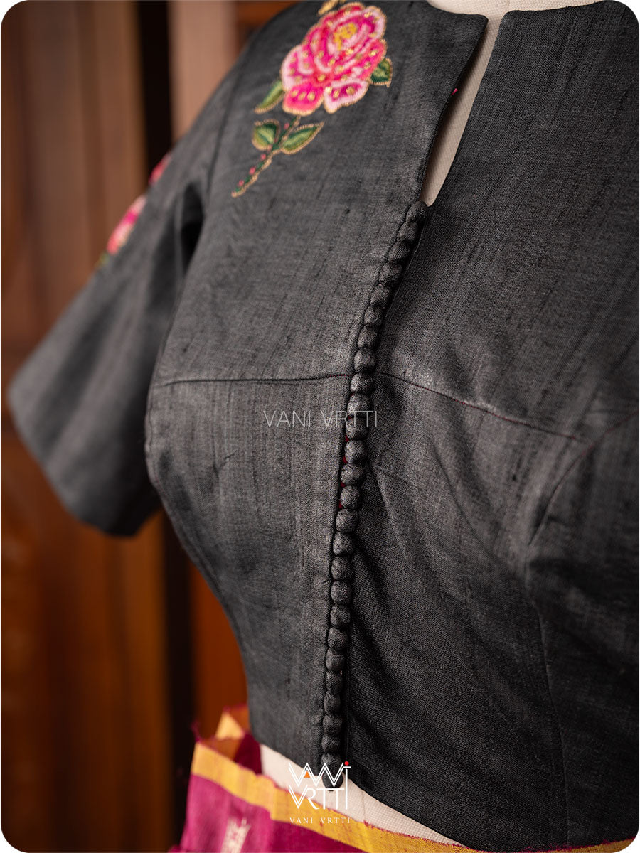 Black Rose Flower And Bees Embroidery Tussar Silk Blouse