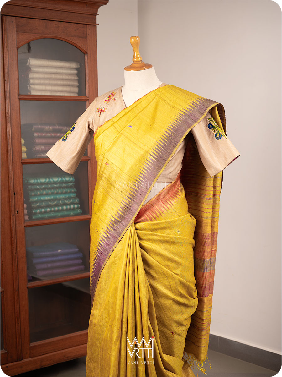Natural Tussar Bluepea Flower and Dragonfly Hand Embroidery Tussar Silk Blouse