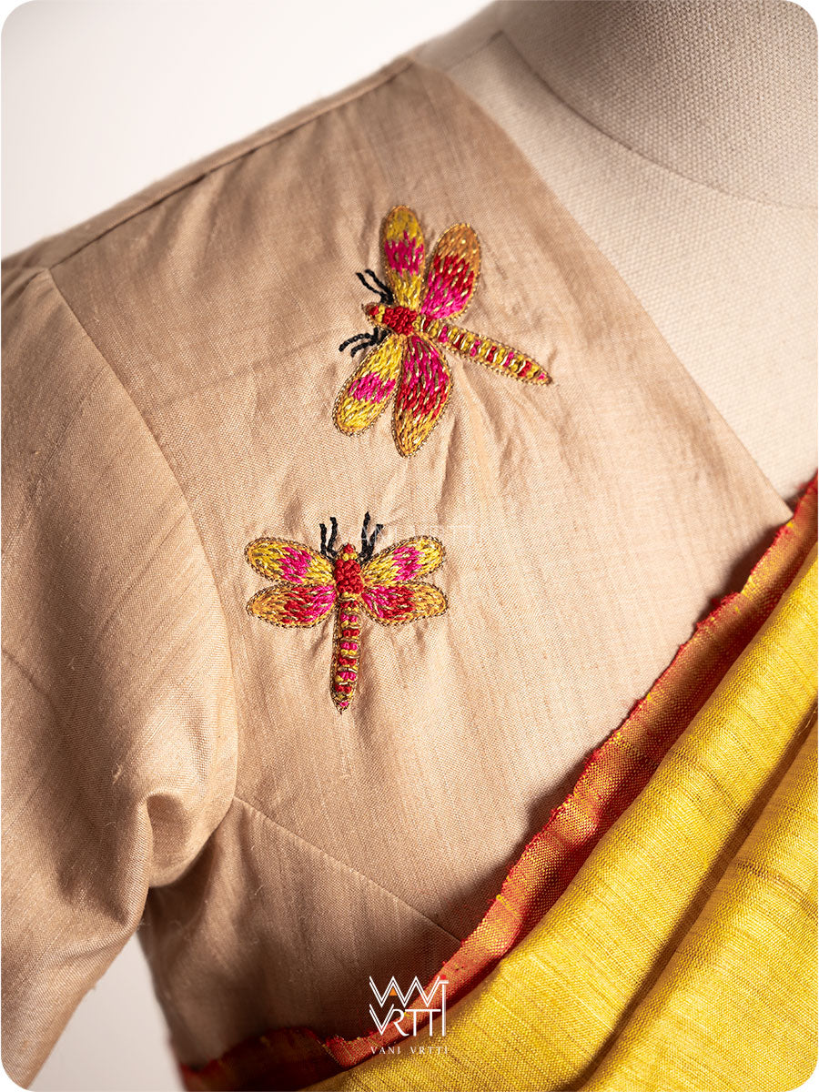 Natural Tussar Bluepea Flower and Dragonfly Hand Embroidery Tussar Silk Blouse
