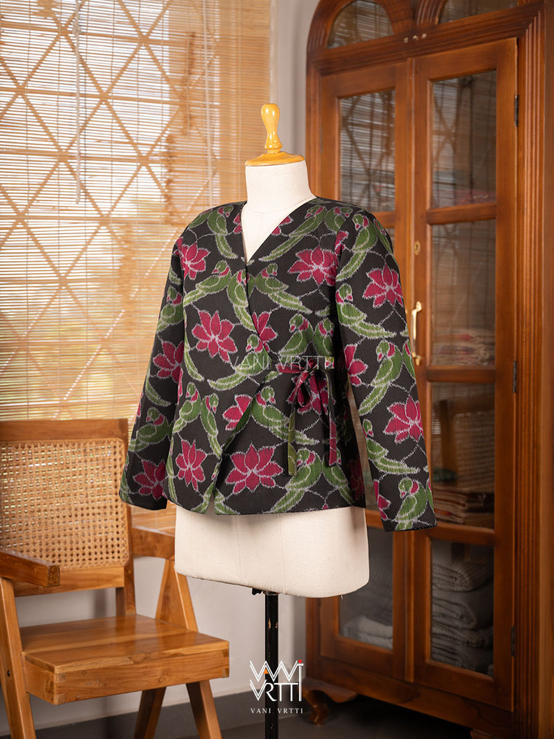 Black Lotus Parrot Reversible Zig Zag Ikat Overlap Waist Length Jacket