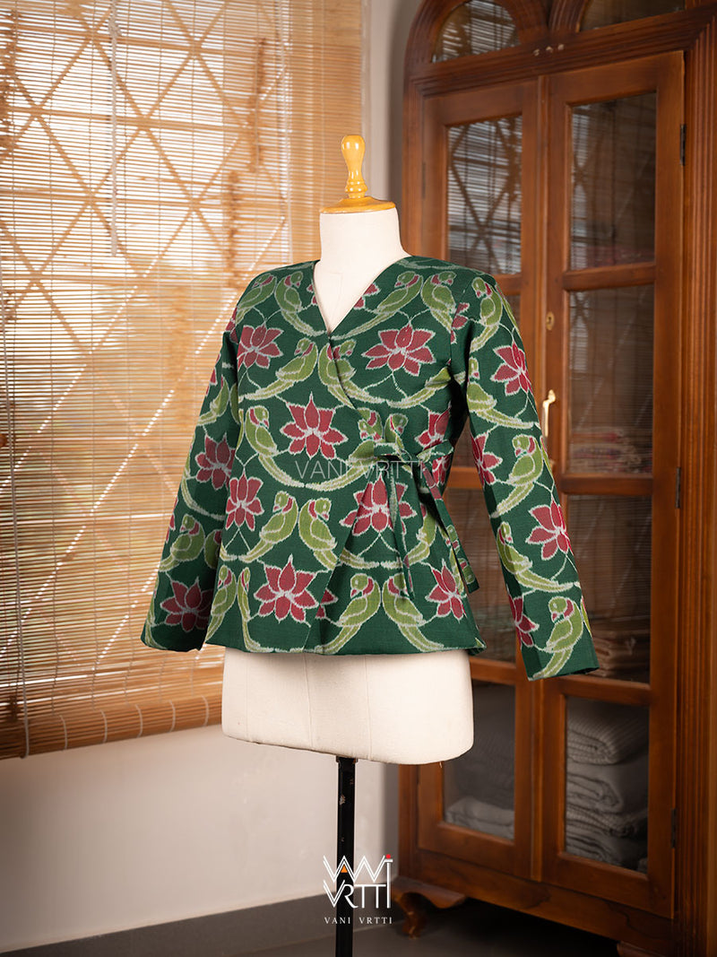 Bottle Green Lotus Parrot Reversible Parallel Ikat Overlap Waist Length Jacket