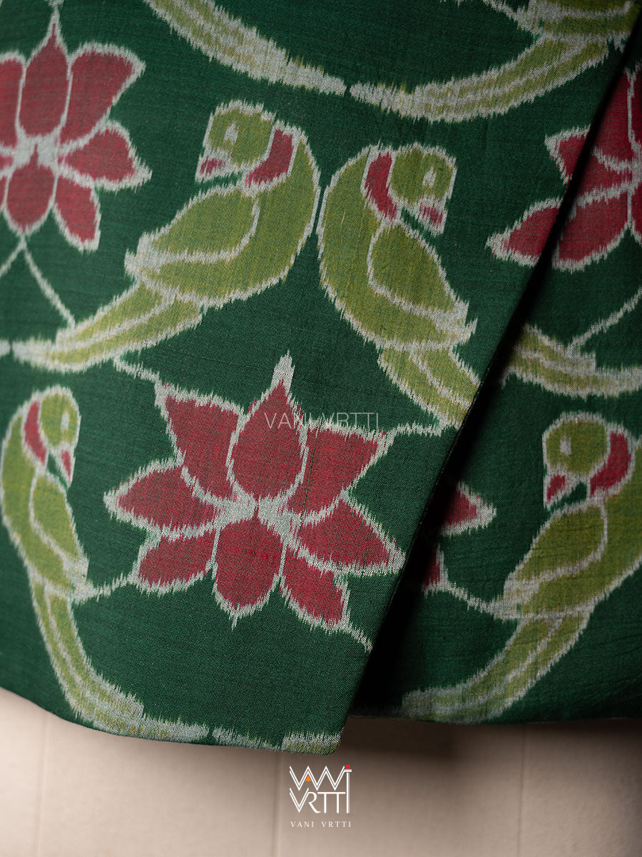 Bottle Green Lotus Parrot Reversible Parallel Ikat Overlap Waist Length Jacket