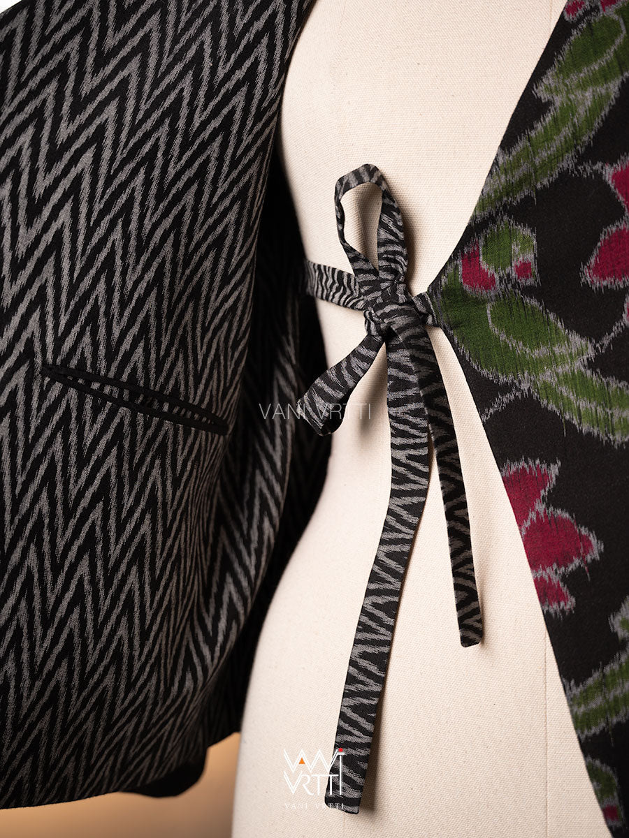 Black Lotus Parrot Reversible Zig Zag Ikat Overlap Waist Length Jacket