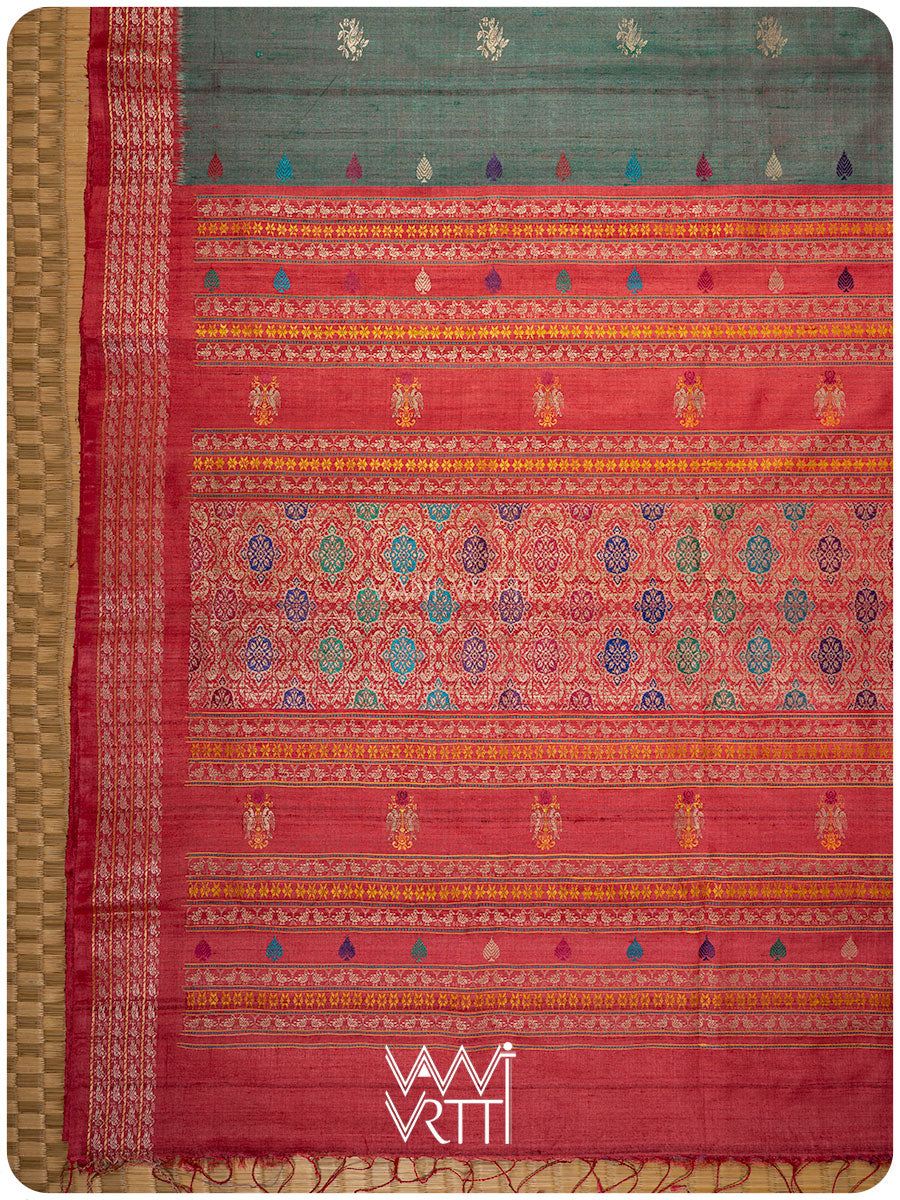 Bottle Green Red Nightingale Master Weave Exclusive Handspun Tussar Silk Saree