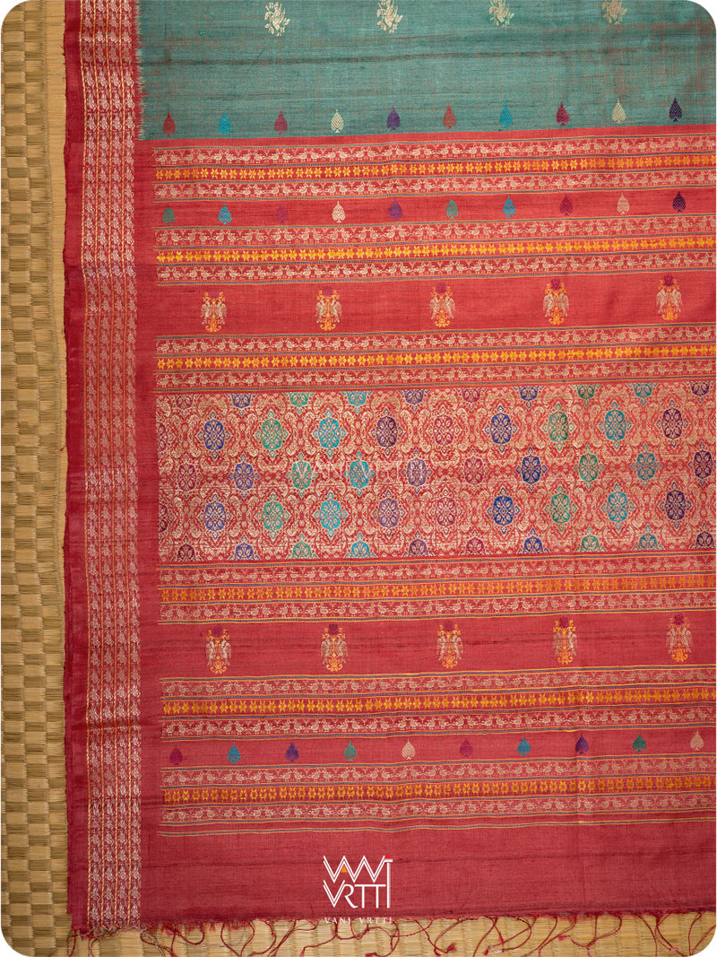 Bottle Green Red Nightingale Master Weave Exclusive Handspun Tussar Silk Saree