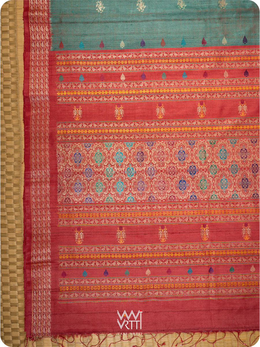 Bottle Green Red Nightingale Master Weave Exclusive Handspun Tussar Silk Saree
