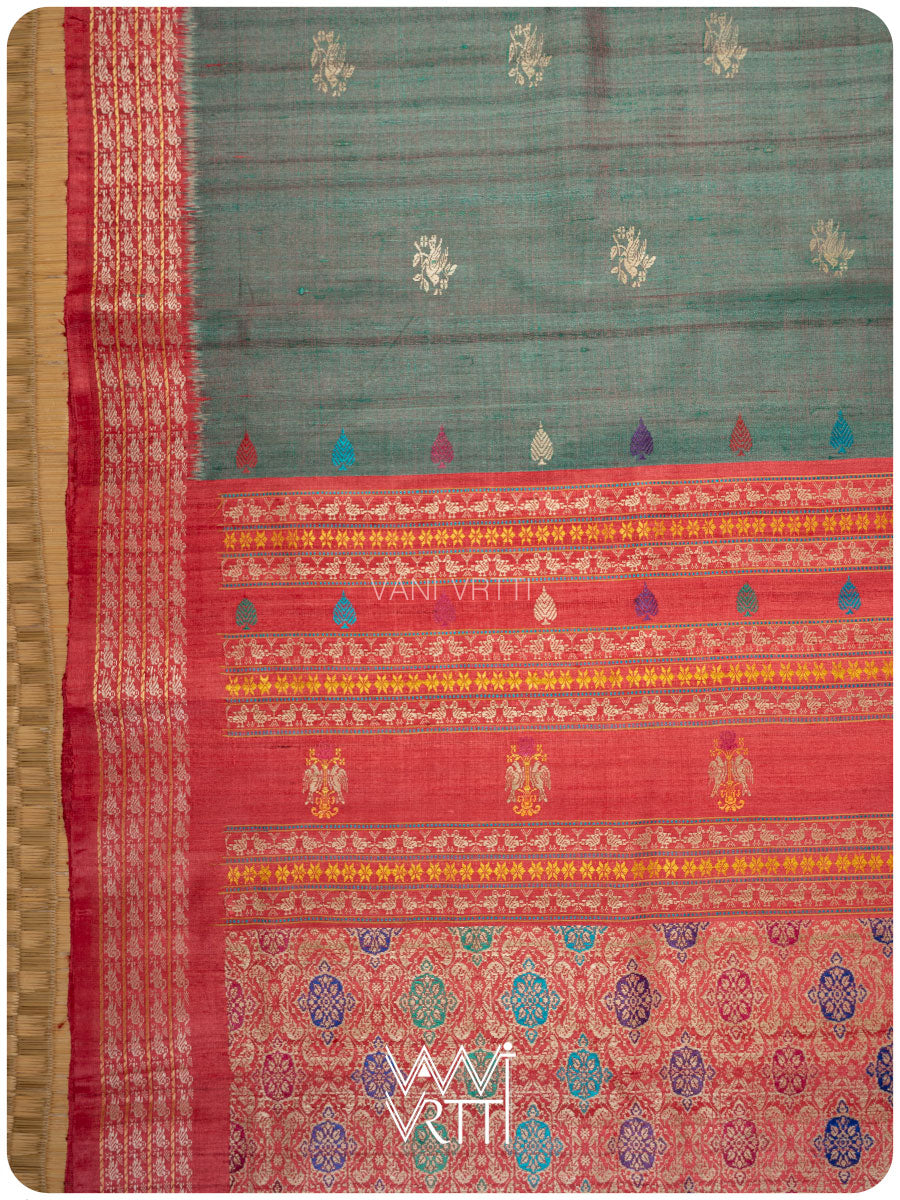 Bottle Green Red Nightingale Master Weave Exclusive Handspun Tussar Silk Saree