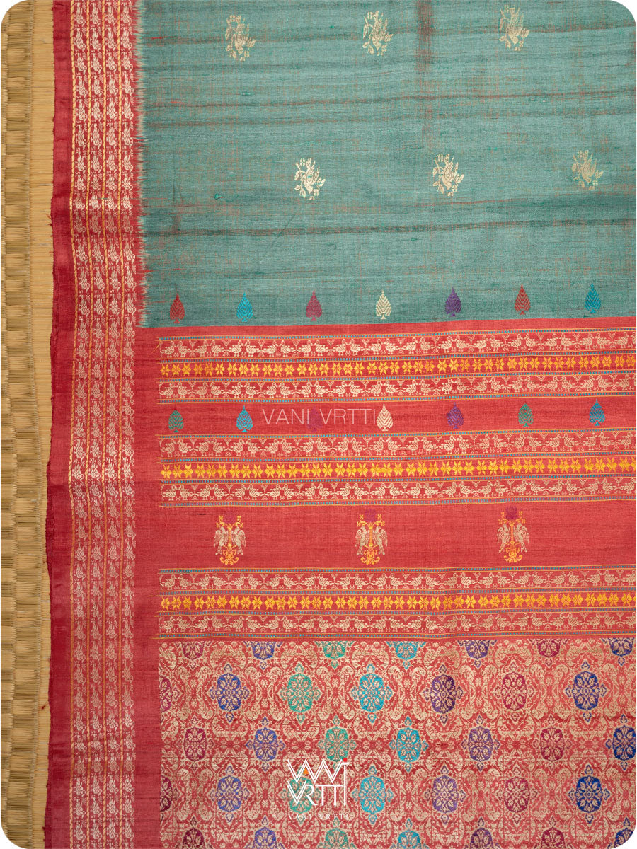 Bottle Green Red Nightingale Master Weave Exclusive Handspun Tussar Silk Saree