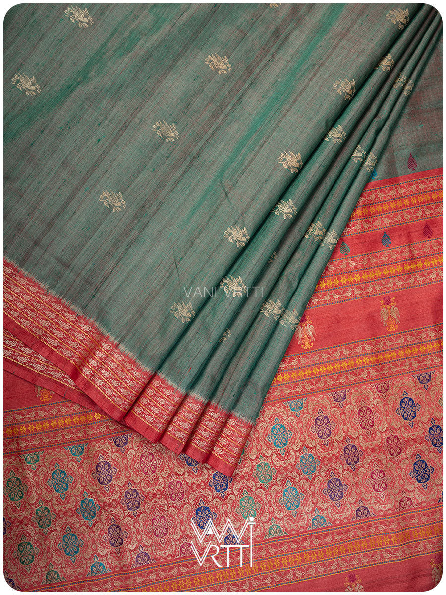 Bottle Green Red Nightingale Master Weave Exclusive Handspun Tussar Silk Saree