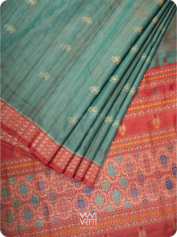 Bottle Green Red Nightingale Master Weave Exclusive Handspun Tussar Silk Saree