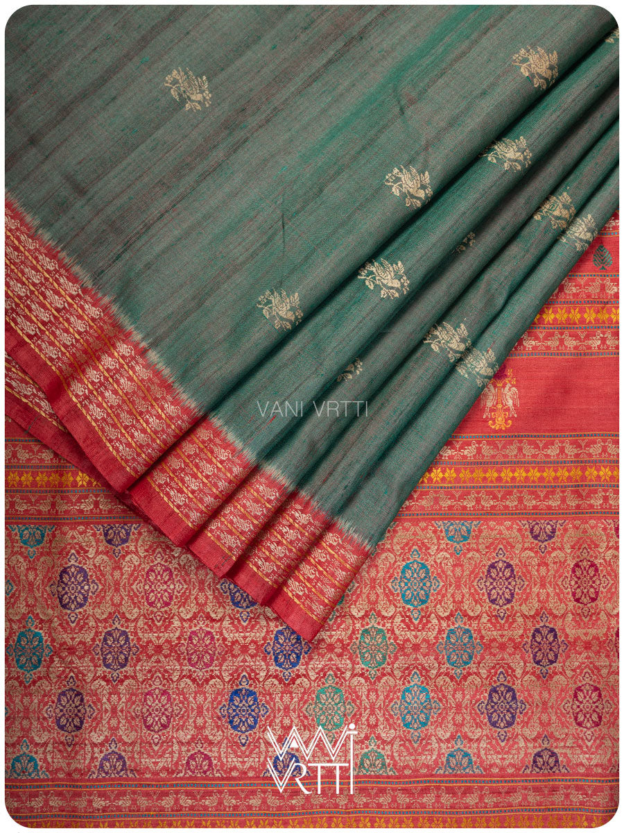 Bottle Green Red Nightingale Master Weave Exclusive Handspun Tussar Silk Saree